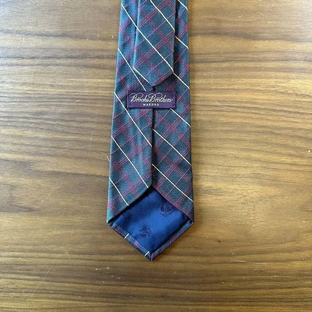Brooks Brothers Navy Plaid Tie with Red and Green Windowpane